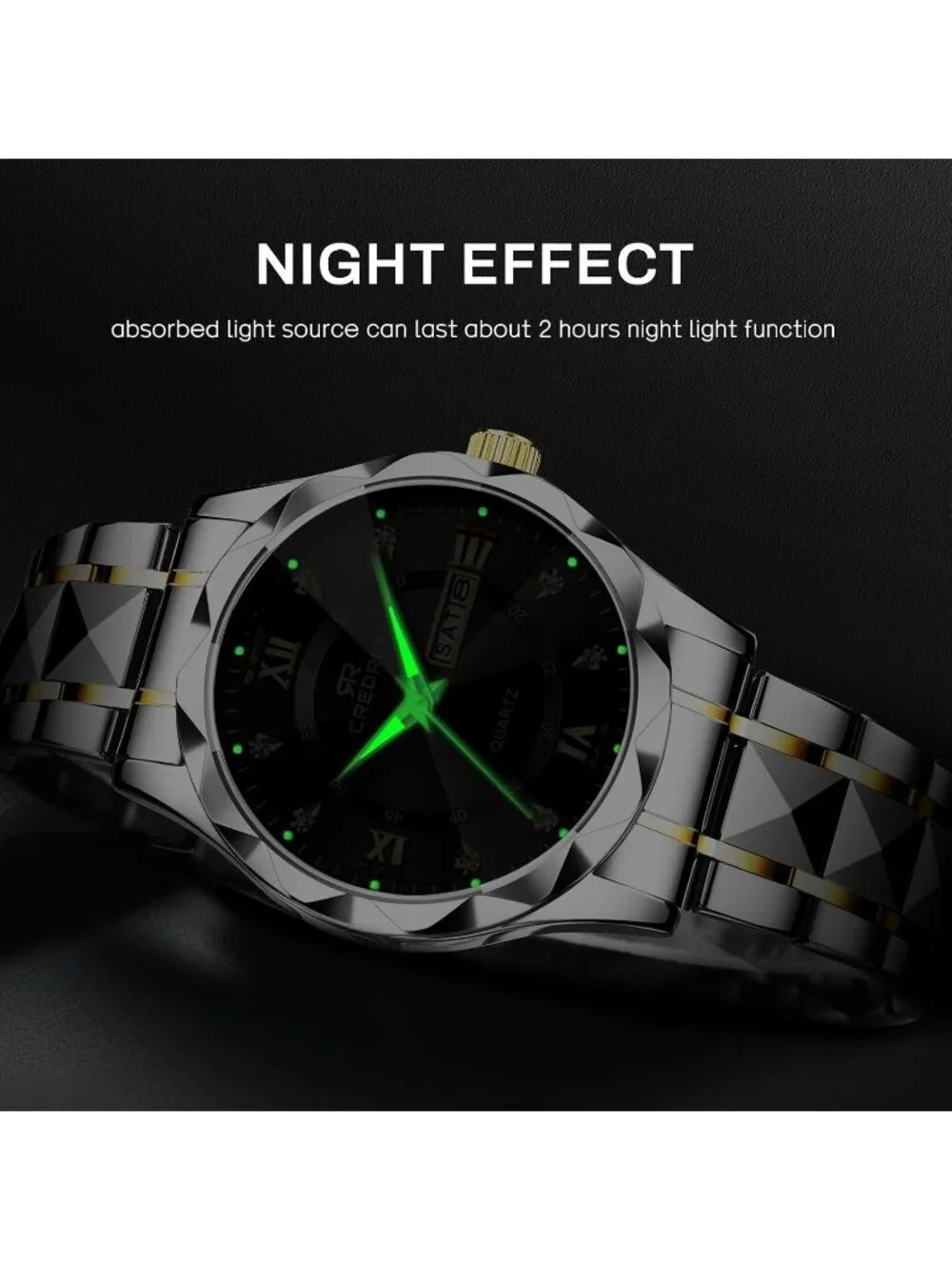 Mens Silver Black Stainless Steel Waterproof Diamond Analog Luminous Wrist Watch